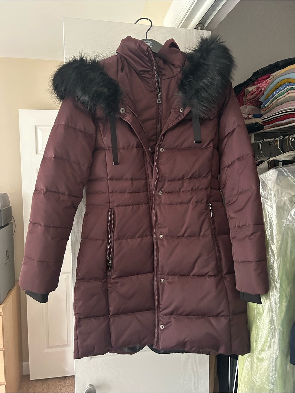 Tahari Women's Burgundy Puffer Coat with Faux Fur Trim